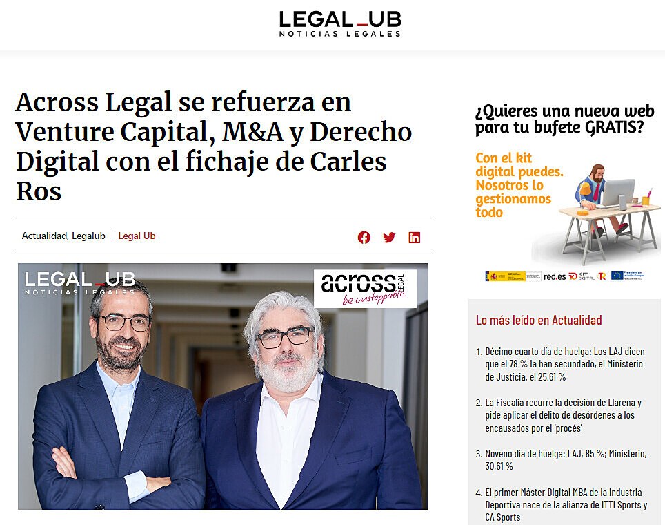 Across Legal se refuerza en Venture Capital, M&A y Derecho Digital con el fichaje de Carles Ros 